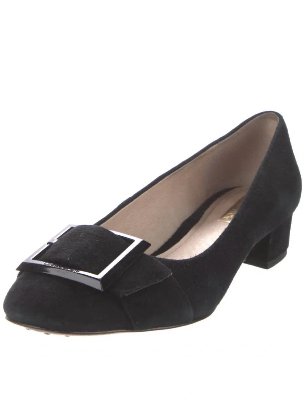 Louise et Cie Black Suede Low Block Heel Pump with Square Buckle